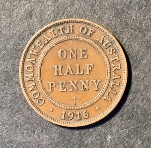 1916 Australian Predecimal Coin. KGV (1/2) Half Penny. x 1 Coin Ungraded - Picture 1 of 5