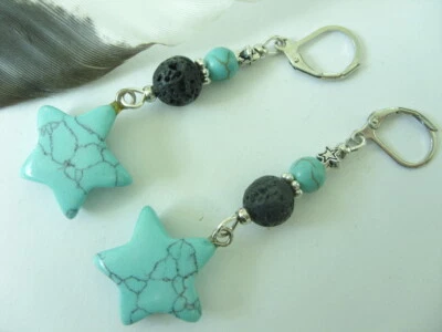 20 mm Türkis Howlith Stern Ohrringe m.schwarzen Lava Brisuren rhodiniert - Bild 1 von 2