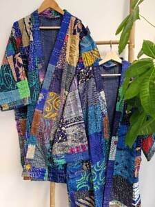 Silk patchwork handmade kantha jacket japanese kimono style kantha robe winter