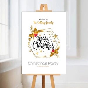 PERSONALISIERTES SCHILD FROHE WEIHNACHTEN FAMILIE GOLD PARTY WILLKOMMEN POSTER AUFSTELLER - Bild 1 von 2