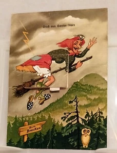 Witch on Broomstick Vintage German Postcard Greetings Goslar/Harz To The Brocken - Picture 1 of 4