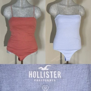 2 Hollister sz M Blue/Rose Ribbed Knit Adj Spaghetti Strap Built In Bra Bodysuit - Picture 1 of 8