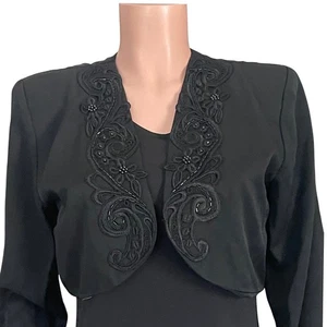 Scott McClintock Black Satin Victorian Evening Jacket Size 12 Beaded Lace Trim - Picture 1 of 14