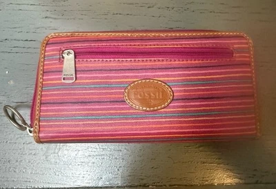 Cartera sin asas de lona recubierta de fósil rayas coloridas con cremallera usada en excelente estado Foto 1 de 4