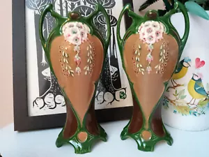More details for art nouveau vases eichwald pottery green glazed flower pair, maximalist decor