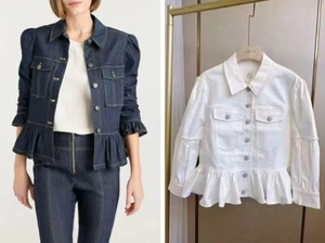 Women Cinq A Sept Cotton Collared Ruffle 3/4 Sleeve Denim Coat Jacket - Picture 1 of 9