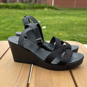 Crocs Women Black leigh wedge heel canvas ankle strap slip on sandal size 10 EUC - Picture 1 of 10