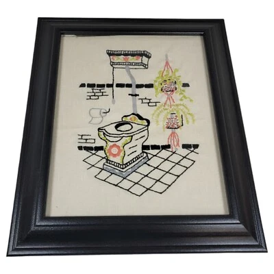 Vintage Framed Hand Stitched Framed Bathroom Scene Floral Bath Bathtub 12" - Image 1 of 4