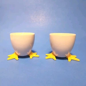Chick Egg Cups with feet, White Egg Yellow Chicken Feet Porcelain Set of 2 - Picture 1 of 8