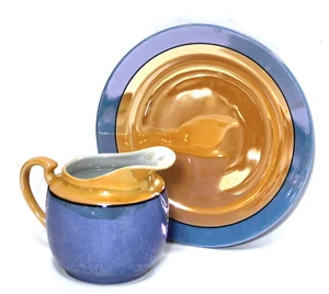 Lusterware Japan Porcelain Creamer Pitcher & Plate Blue & Peach - Picture 1 of 7