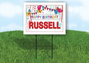 RUSSELL HAPPY BIRTHDAY BALLOONS 18 in x 24 in Yard Sign Road Sign with Stand - Picture 1 of 4