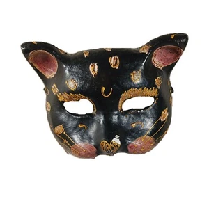 Máscara de gato veneciano de colección negra dorada rosa pintada a mano mascarada papel maché - Imagen 1 de 11