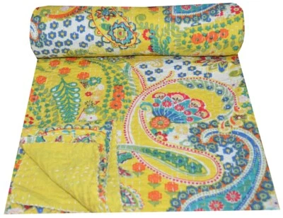 Indian Handmade Cotton Paisley Print Kantha Quilt Bedspread Blanket Twin Throw