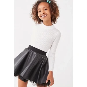 RARE Forever 21 Girls Black Faux Leather Skirt With Tule Trim Sz 9/10 - Picture 1 of 4