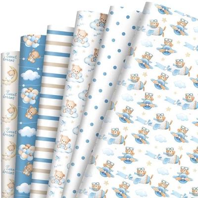 12 hojas de papel de regalo de oso azul acuarela doblado plano para cumpleaños de niños Foto 1 de 4