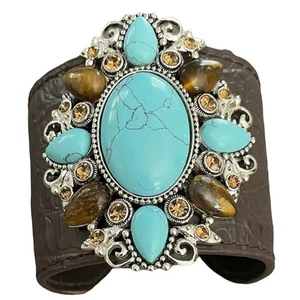Andara Medallion Leather Cuff Bracelet Asian Turquoise and Tiger Eye MSRP $150 - Picture 1 of 3