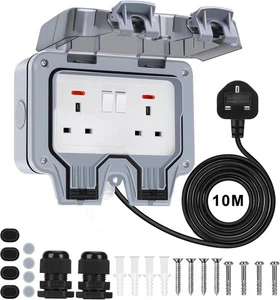 Double Outdoor Socket with 10m Extension Lead,Outside Plug Socket IP66 13Amp - Picture 1 of 7