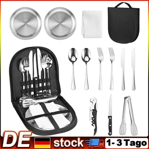 Campingbesteck Für 2 Personen -13-teilig Picknick Geschirr Edelstahl Outdoor Set - Bild 1 von 19