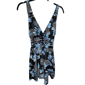 Summer Mae Women’s Swimdress Size L Blue Floral Modest V-Neck Summer Pool Beach - Picture 1 of 12