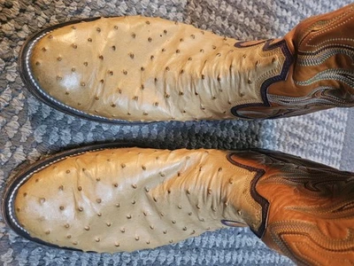 Ковбойские сапоги Paul Bond желтовато-коричневые страусиные с фиолетовым контрастом ширина 13! б/у - Изображение 1 из 4