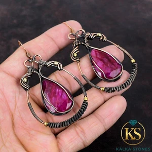 Pendientes colgantes envueltos en alambre de boda de piedras preciosas de rubí de cachemira de pera joyería de cobre - Imagen 1 de 6