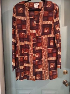 Blusa túnica JACQUELINE FERAR 100 % seda marrón manga larga estampado talla 18 ~USADA EN EXCELENTE ESTADO~ Foto 1 de 4