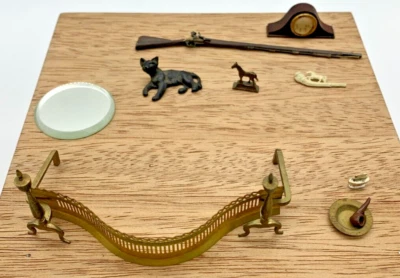 VTG dollhouse fender/andirons/cat/clock/rifle/mirror/pipe & accessories/horse - Image 1 of 4