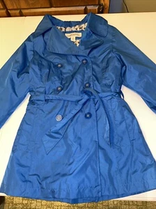 London Fog Girls 12 Long Coat Jacket Blue Leopard Print Interior Belted - Picture 1 of 9