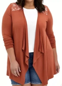 Cárdigan Torrid 4 4X Naranja Óxido Drapeado Tejido Elástico Inserción de Encaje Talla Grande 26 NUEVO - Imagen 1 de 9