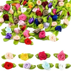 Mini Ribbon Roses 200Pcs Artificial Fabric Flowers with Green Leaves Mixed Co... - Picture 1 of 7