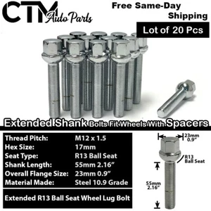 20x Mercedes Chrome 12x1.5 Ball Seat Lug Bolt 55mm Shank | Rim w/ 25-30mm Spacer - Picture 1 of 6