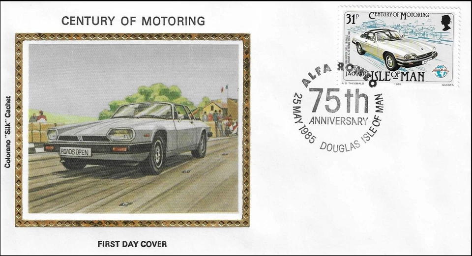 Jaguar XJ SC Targa Isle Of Man GB Gold Cancel Alfa Romeo Colorano Silk FDC 1985 - Image 1 of 1