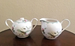 GRACE'S Teaware CREAM & SUGAR Set White With Turquoise and Flowers Pattern - Picture 1 of 11