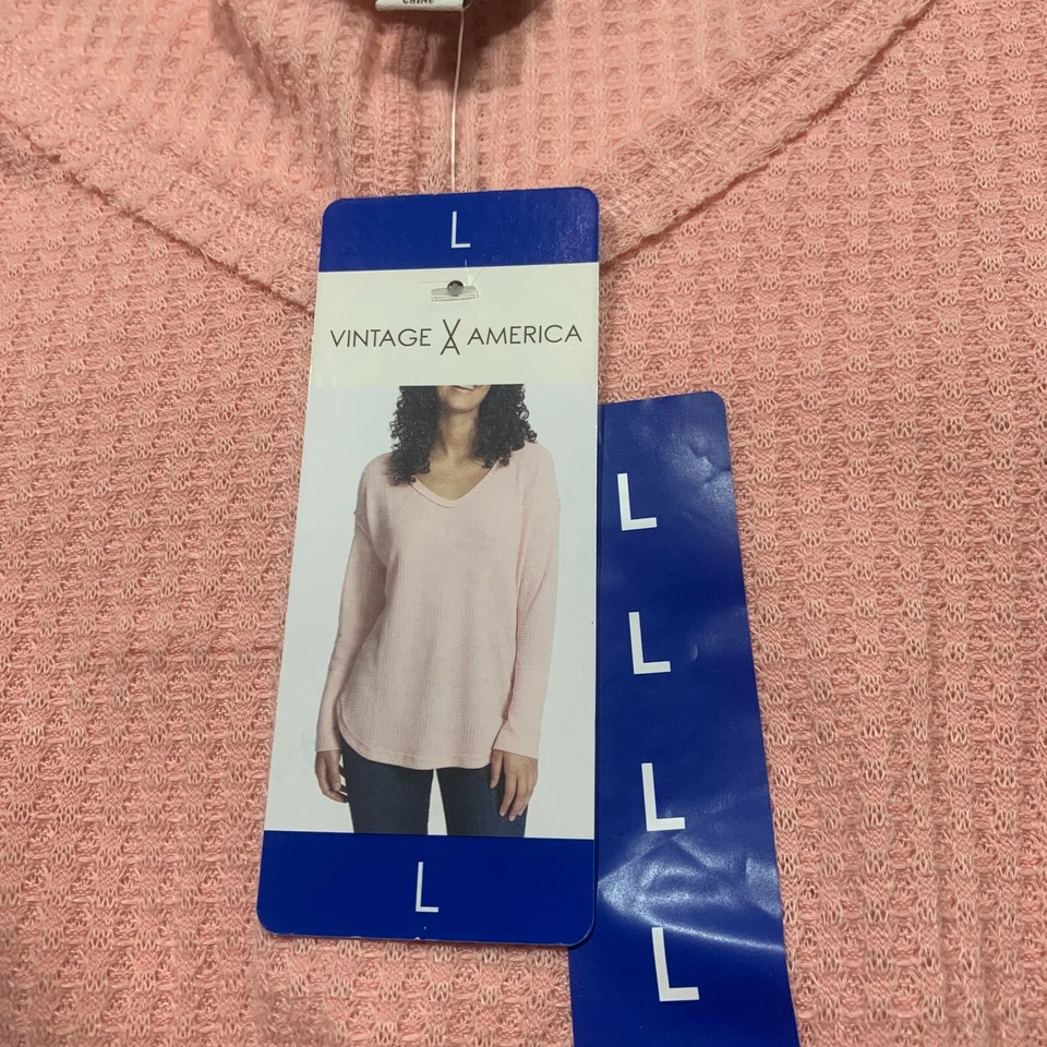 Vintage America Women's Thermal V Neck Knit Top Peachy Pink XXL 2xl