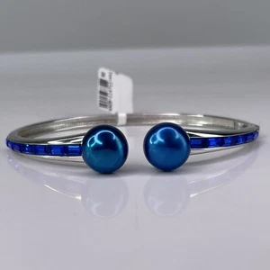 Natural Pearl Sapphire Bangle Bracelet Emerald Cut 925 Sterling Silver 16 Stone - Picture 1 of 21