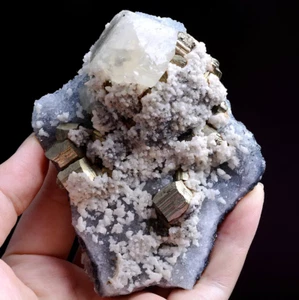 258g Natural Pink Fluorescence Benz Calcite & Pyrite Mineral Specimen/China - Picture 1 of 10