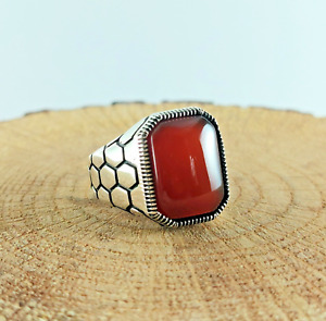 925 Sterling Silver Handmade Men's Ring with Knitted Pattern Red Agate Stone