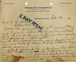 1921 LETTERHEAD Jacksonville Florida FREEMAN'S PHARMACY Clarena Freeman HAILE'S - Picture 1 of 1