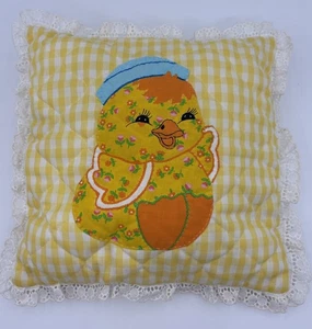 Gingham Pillow Yellow Appliqué Chick Throw Toss Lace Handmade Country Kid Whimsy - Picture 1 of 8
