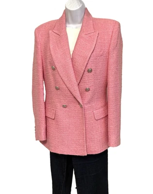 ZARA Size L Bright Pink Double Breasted Textured Lined Blazer Jacket - Image 1 of 4