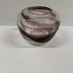 80s Crystal Brand Hand Blown Amethyst & Clear Glass Vase Swirl Studio Art Bowl - Picture 1 of 5