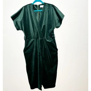 Closet London Green Velvet Kimono Faux Wrap Dress Womens Size 12 Pockets No Belt - Picture 1 of 11