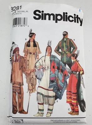 Adult Native American Simplicity Costume Pattern 8281 Sizes XS S M L XL Uncut - Image 1 of 3