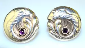 VINTAGE GEORG JENSEN STERLING SILVER AMETHYST FISH PIERCED EARRINGS #63 - Picture 1 of 5