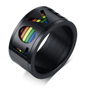 Pride Shack - Black Rainbow LOVE Spinner Ring LGBTQ Lesbian Gay Pride Ring Steel - Picture 1 of 5