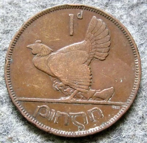 IRELAND FREE STATE 1928 1 PINGIN - ONE PENNY, HEN WITH CHICKS & Gaelic Harp - Picture 1 of 6