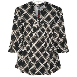 Cocomo Plus Size 3X Black & Tan Plaid Print Studded Pintuck 3/4 Sleeve Top - Picture 1 of 7