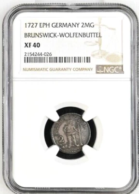 1727 EPH German States Brunswick Wolfenbuttel Wildman 2 Mariengroschen NGC XF 40 - Image 1 of 2