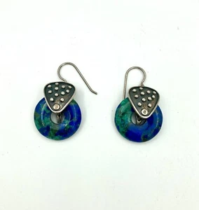 Vintage 925 Sterling Silver & Azurite Earrings - Donut Shape Stone- Hook Closure - Picture 1 of 7
