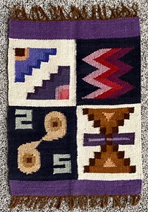 Vtg American Wool Weave Rug-Fringe-Native-Handmade-Geometric-15 x 11.5"-Purple - Picture 1 of 3